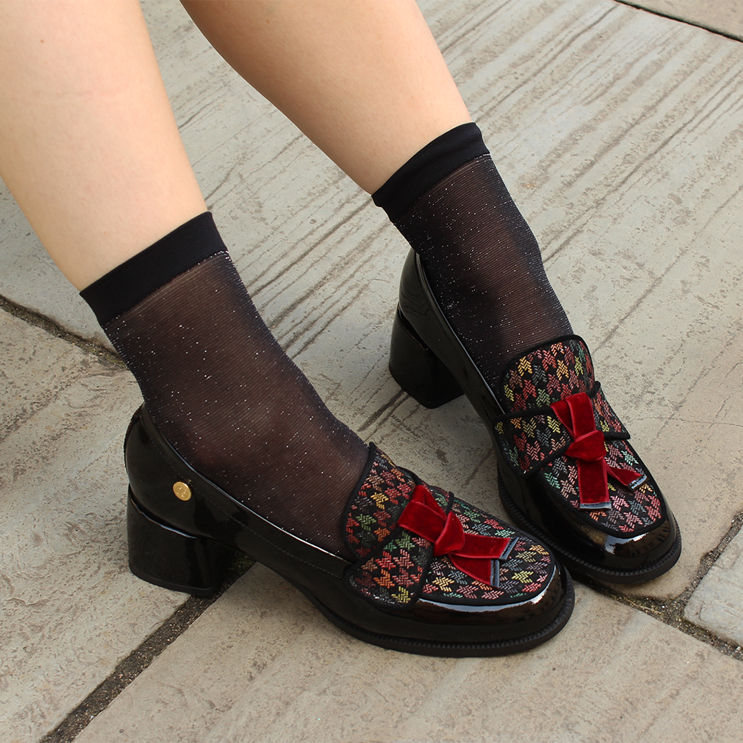 black loafer with multi colour top