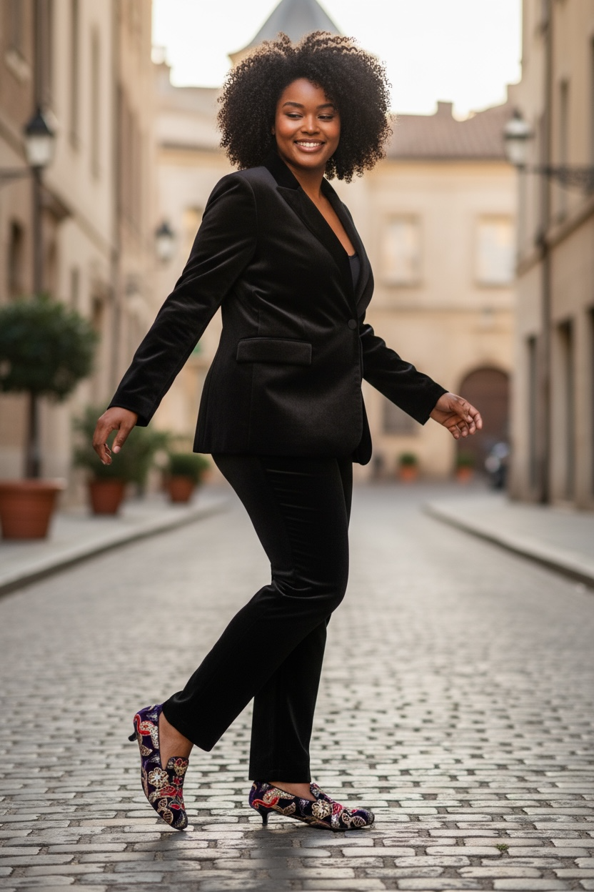 Cigar- black crush velvet embroidery shoe - Chanii B