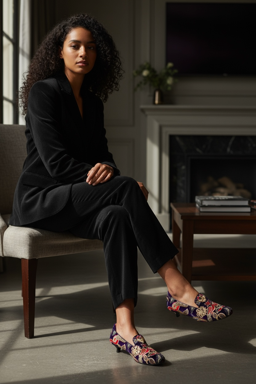 Cigar- black crush velvet embroidery shoe - Chanii B