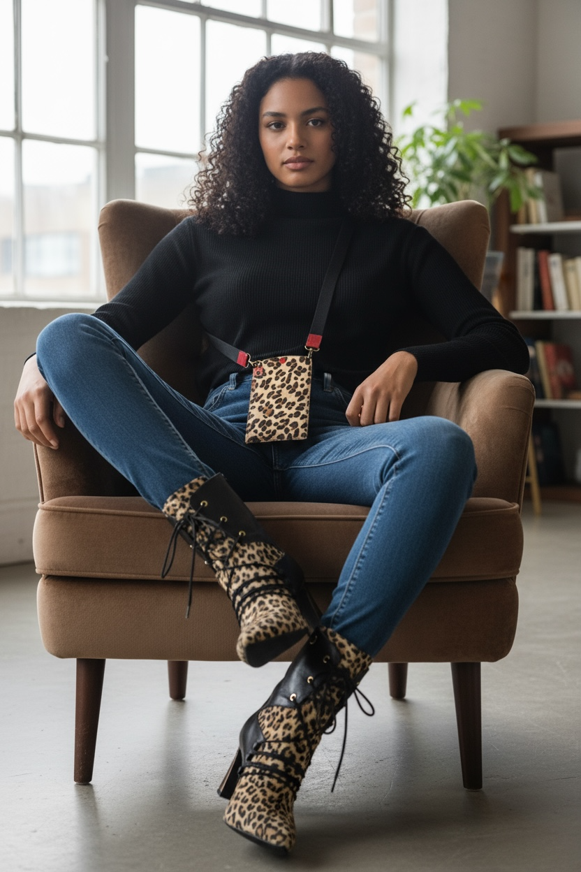 Mina - Black leopard ankle heel boot