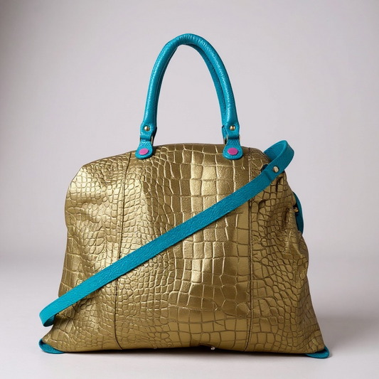 Vivienne-gold/turquoise leather multi handbag