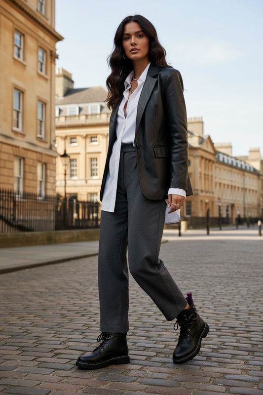 Pair of black leather boots with purple lining on a white background
