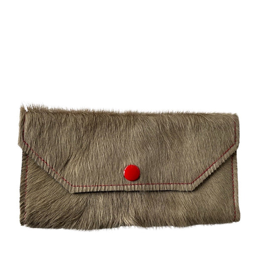 Folio- Taupe cowhide with red button wallet