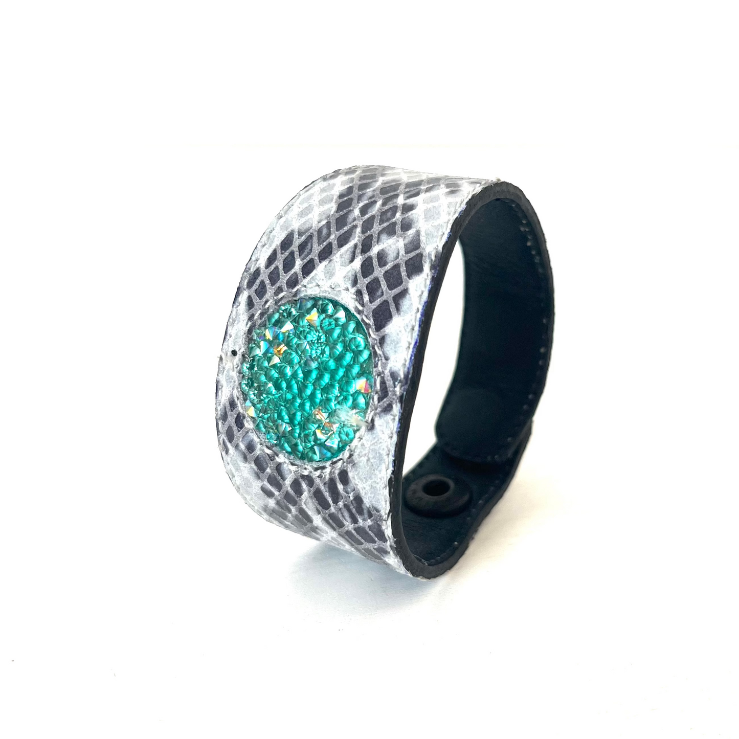 Handmade natural snake print  leather crystals disc braclet