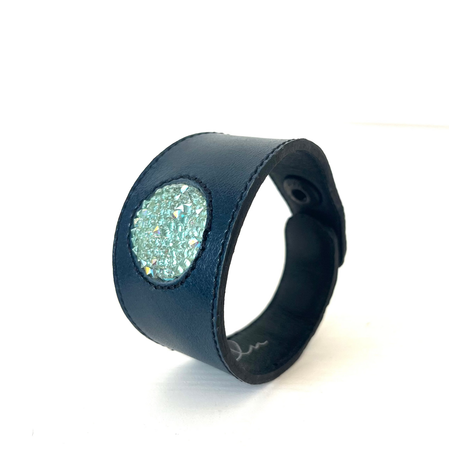 Handmade navy leather crystals disc braclet