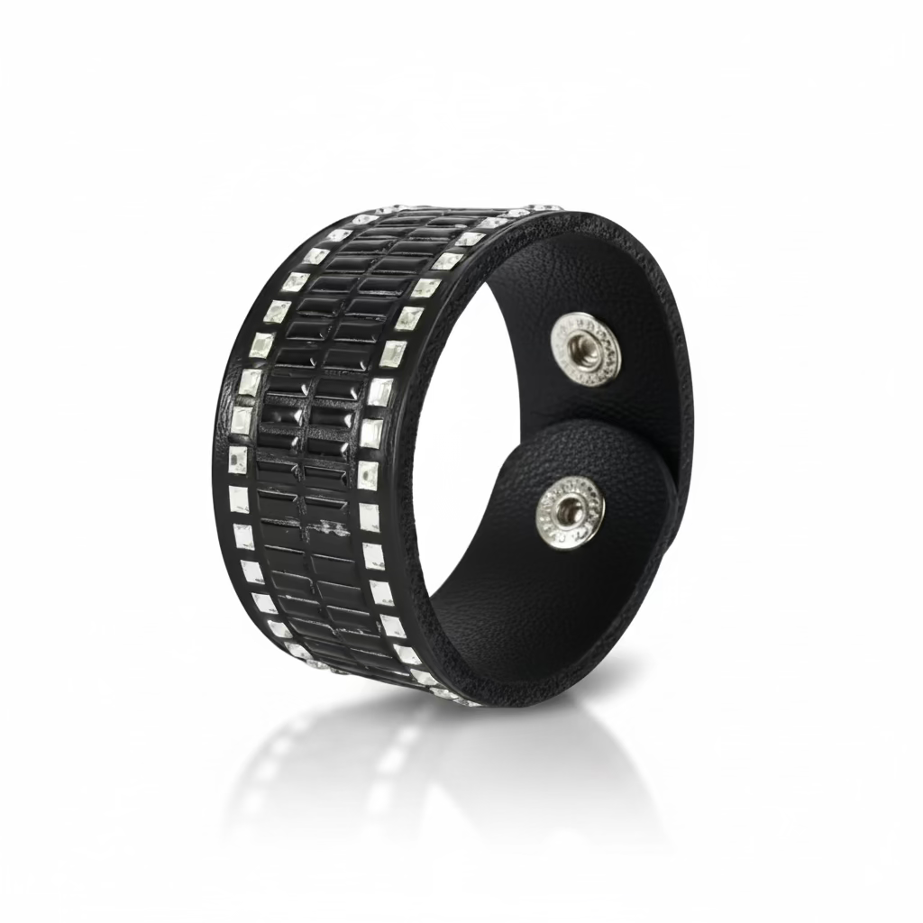 Handmade black leather and crystals bracelt