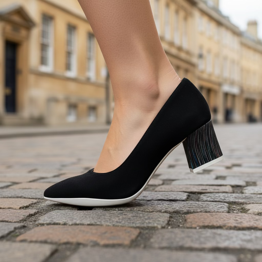 Side view and close up of A black suede low heel dress shoe with a pointed toe and low heel.