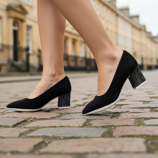 Lu Lu - Black suede with striped heel