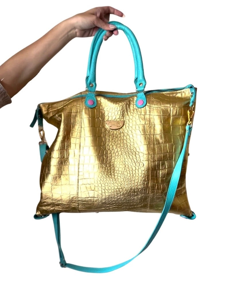 Vivienne-gold/turquoise leather multi handbag
