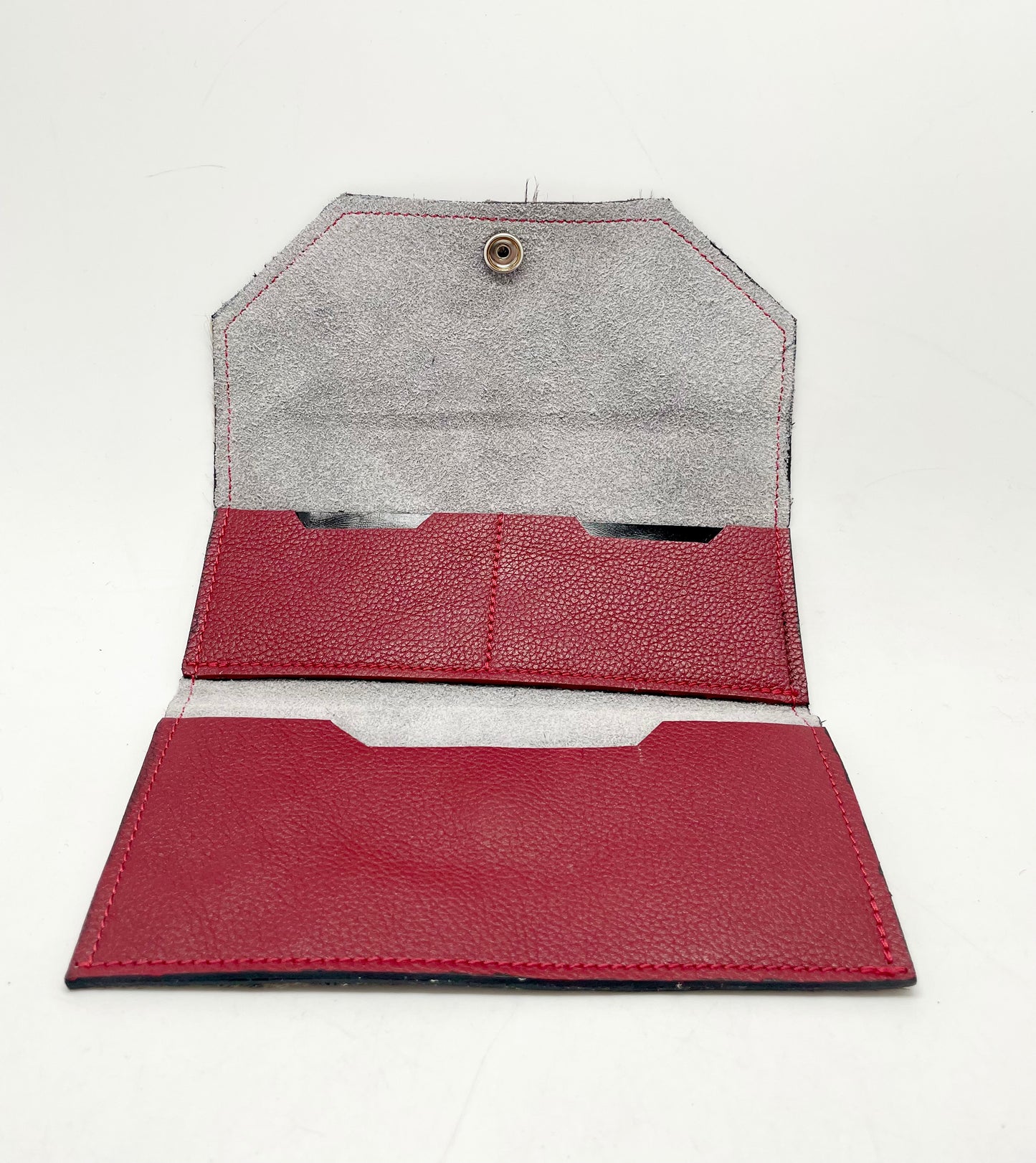 Folio- Taupe cowhide with red button wallet