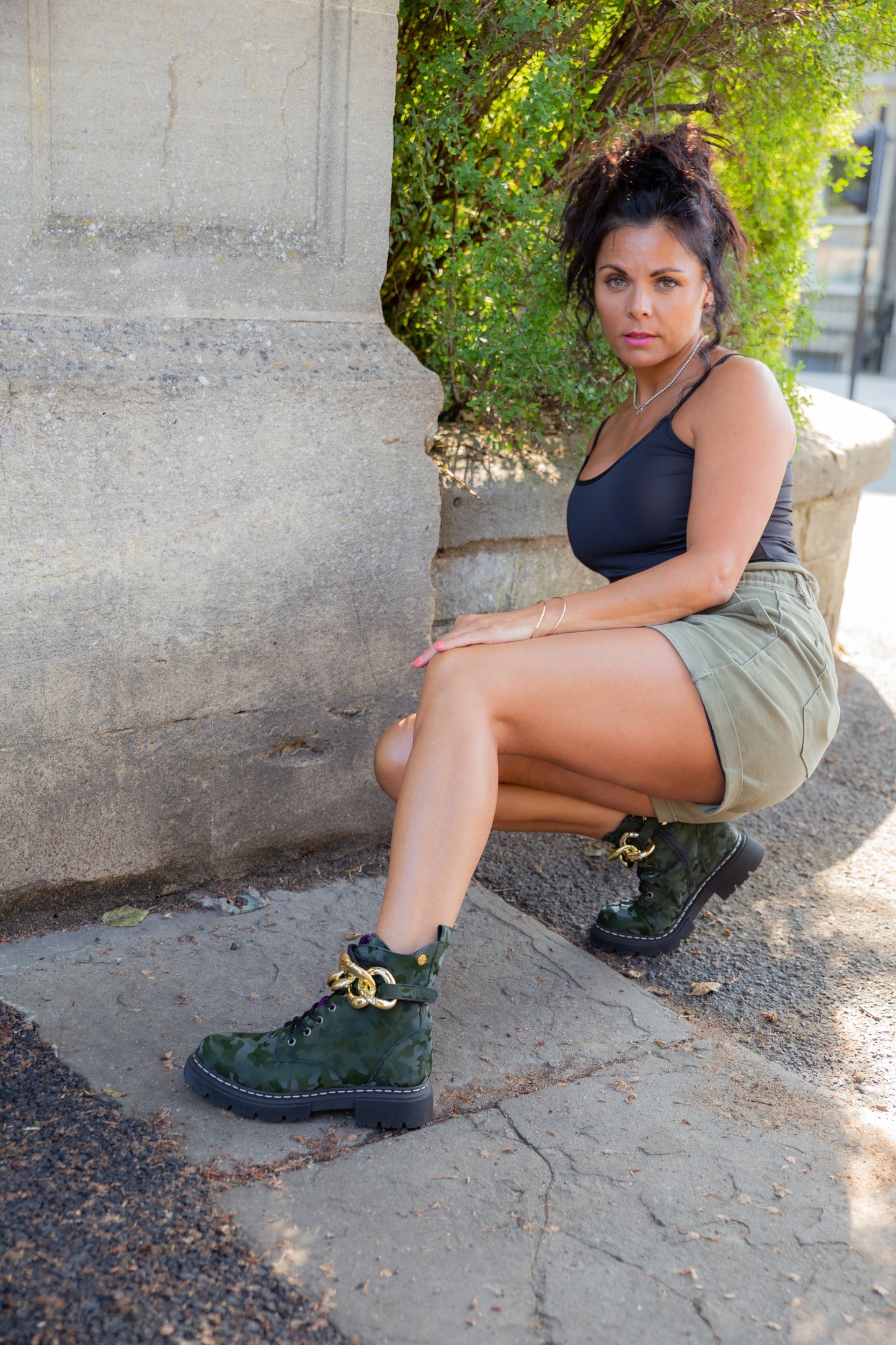 green army ankle lace boots with a unique footwear design