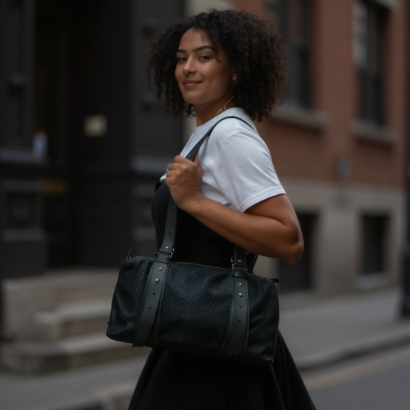 Woman holding a black handbag on a city street