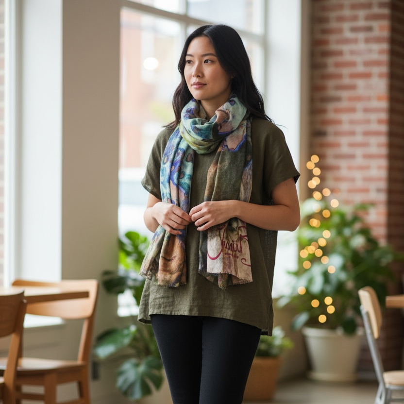 Woman standing in a casual setting wearing a green top, black pants, and a colorful scarf.