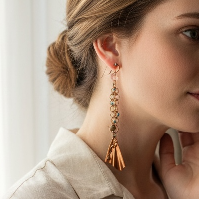 Woman wearing gold earrings in a softly lit room