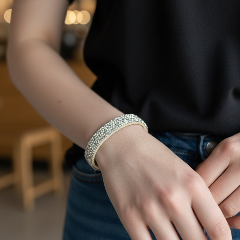 Handmade cream leather and crystals bracelet