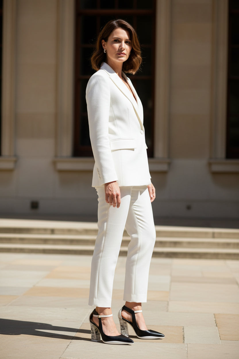 Black high-heeled shoe with a white sole on a white background