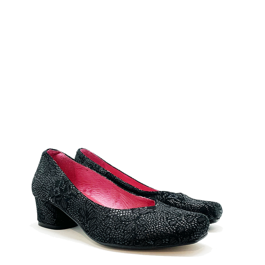 Polo - Black Flower Print low heel shoe