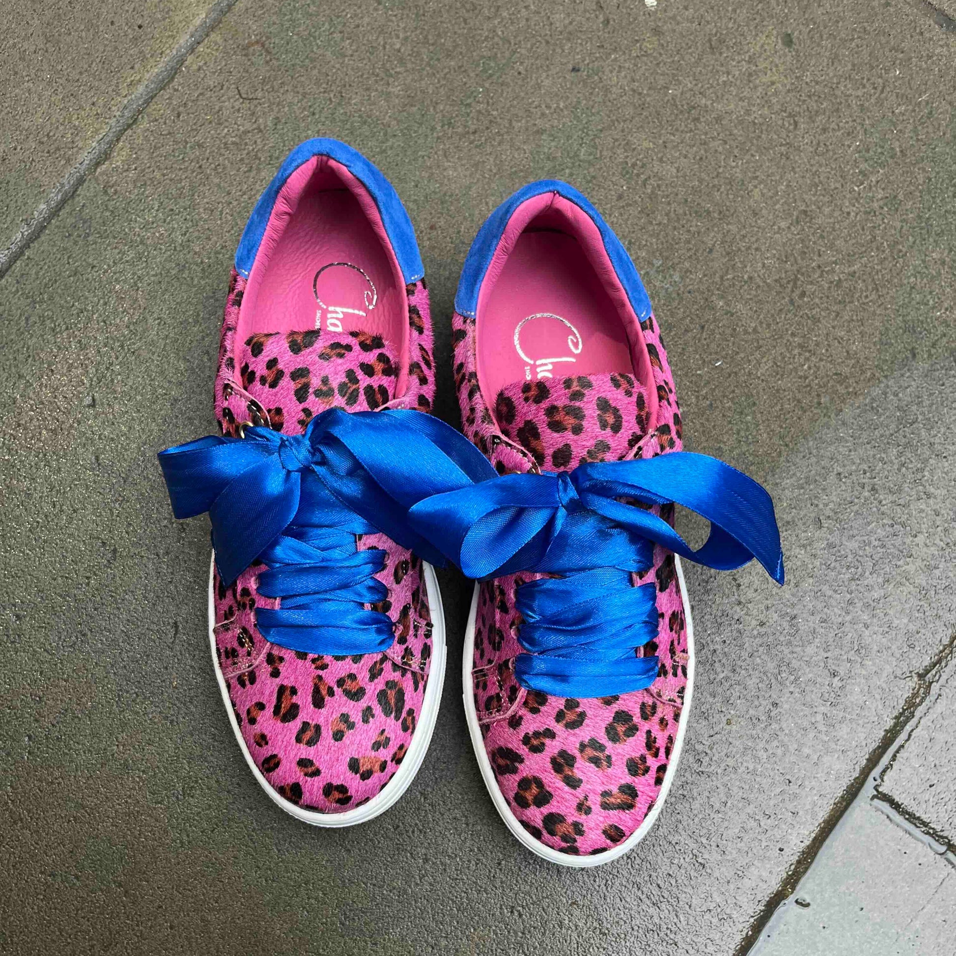 Pink leopard print sneakers with blue laces on a gray pavement.