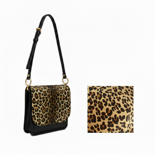 Vinette- leopard cowhide black messenger bag and close up swatch