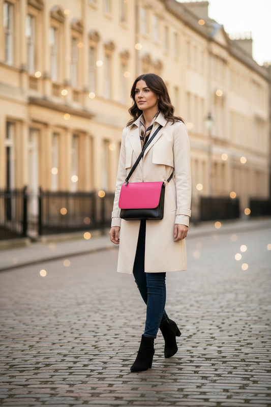 woman showcasing Vino- Fuchsia cowhide black messenger bag