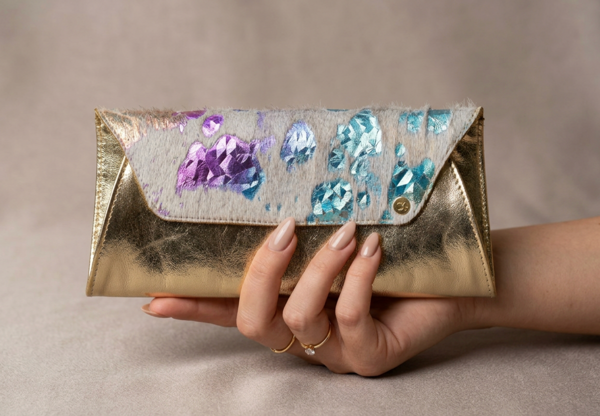 Fold Clutch - Gold White Rainbow Unicorn