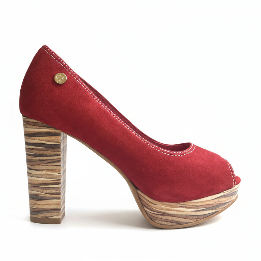 Red suede Platform Peep Toe with natural multi zebra-inspired heel encased in leather