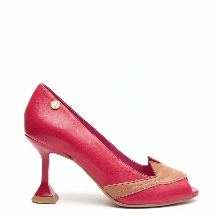 Red and tan peep-toe heels with a distinctive lip-shaped pattern front