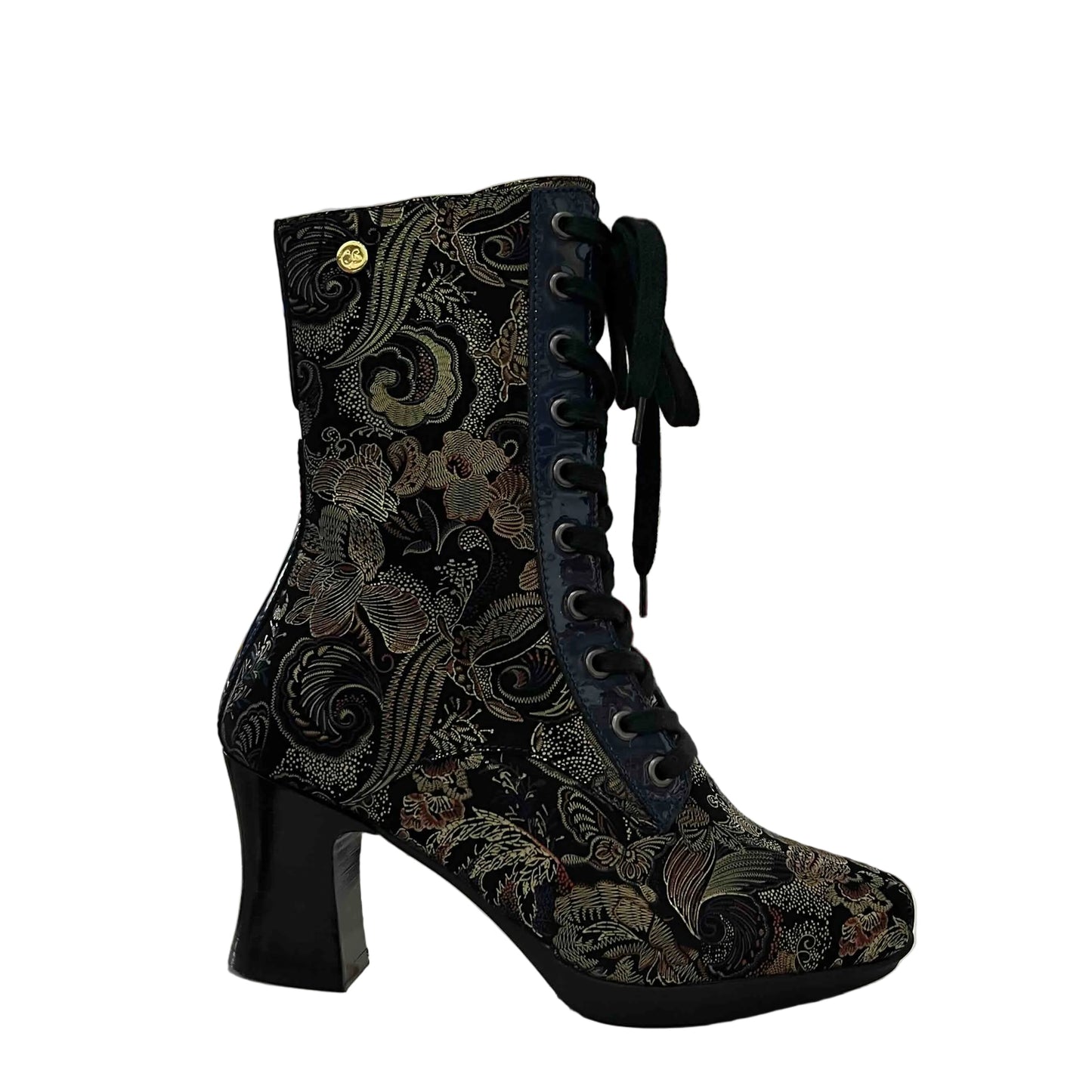 Black lace-up boot with intricate design on a white background