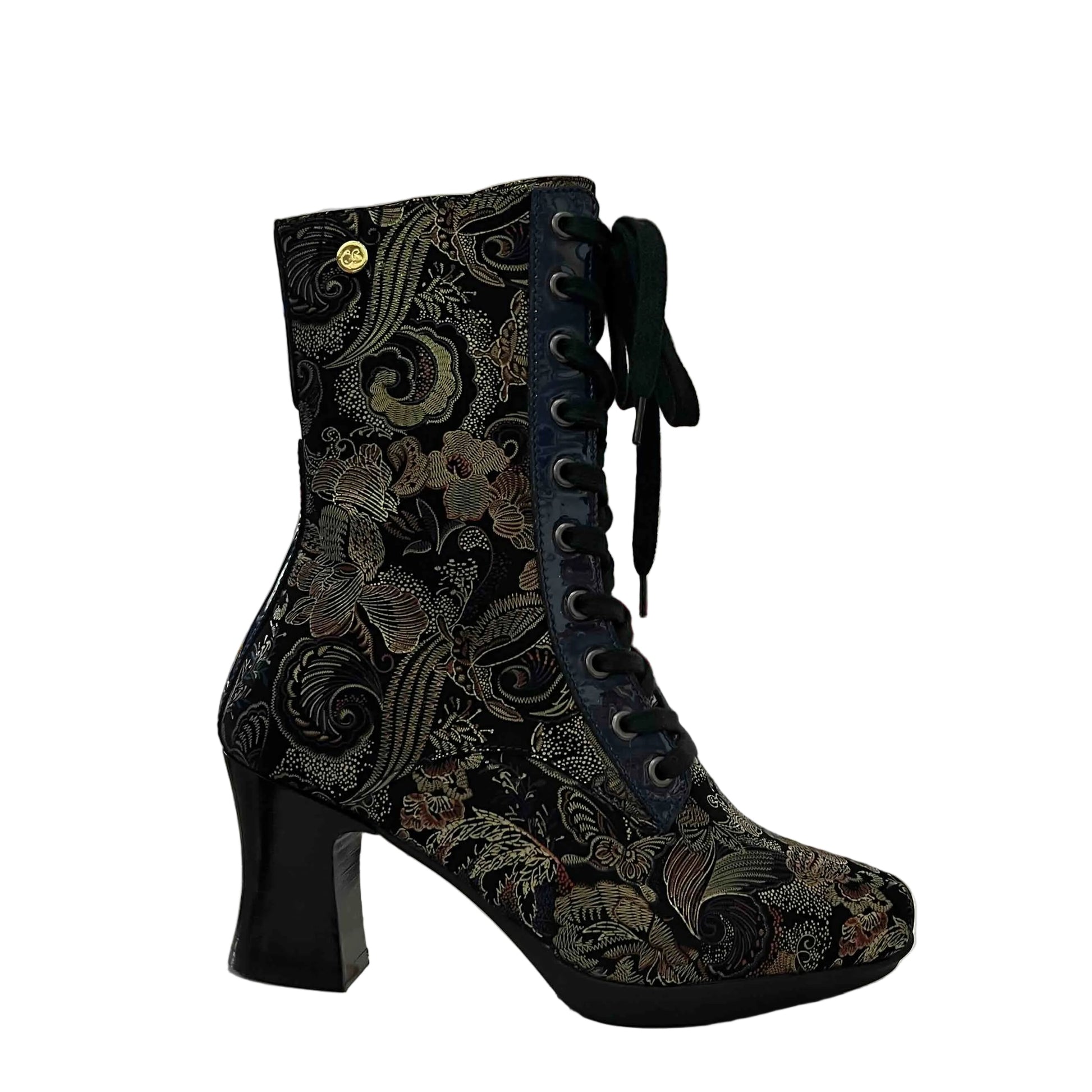 Black lace-up boot with intricate design on a white background