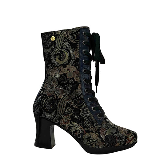 Black lace-up boot with intricate design on a white background