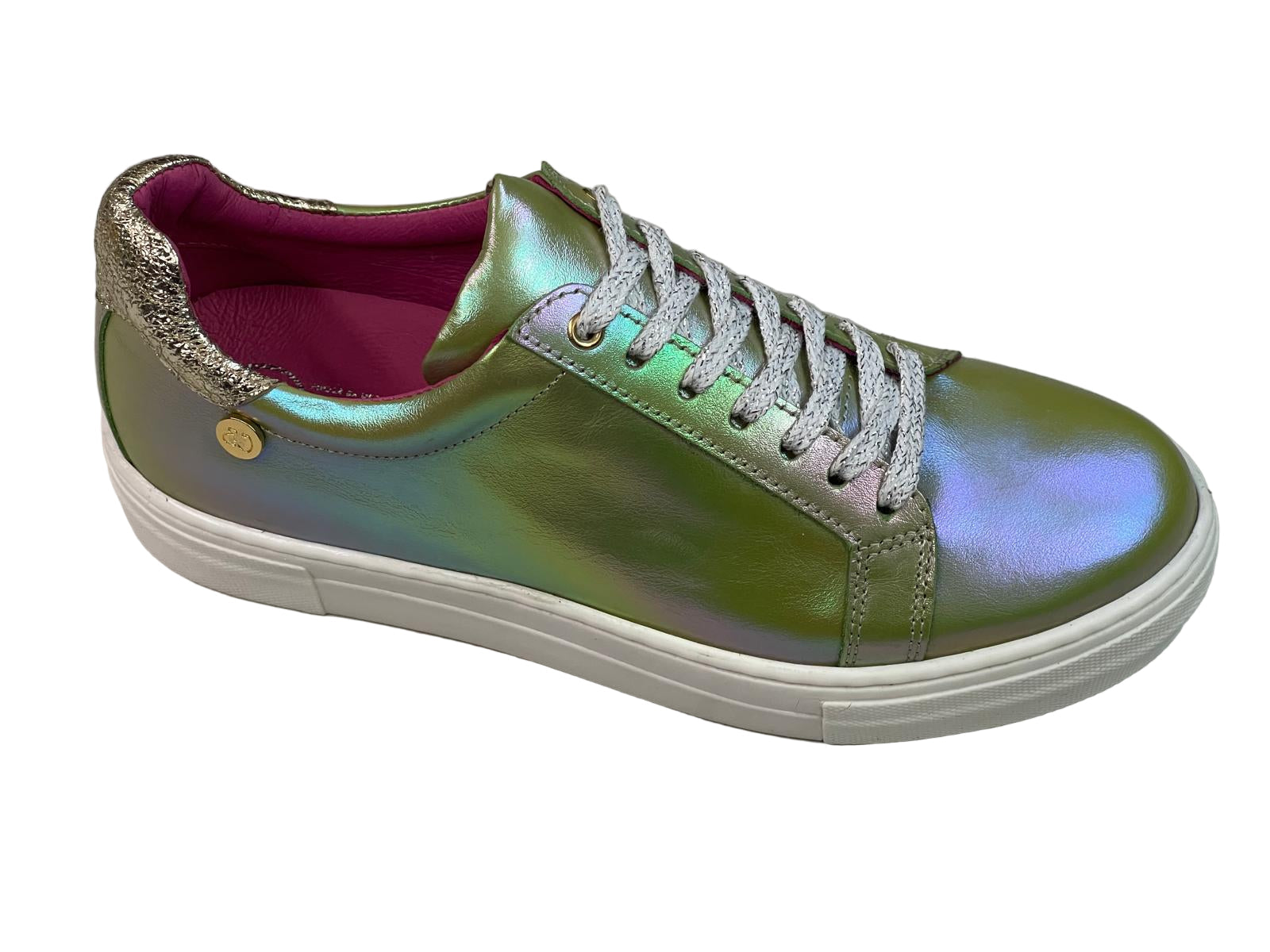 Iridescent sneaker with white laces on a white background