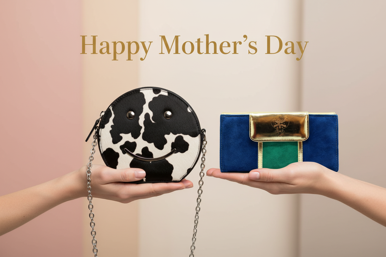 Happy Mother's Day image with cow print handbag and blue-green wallet