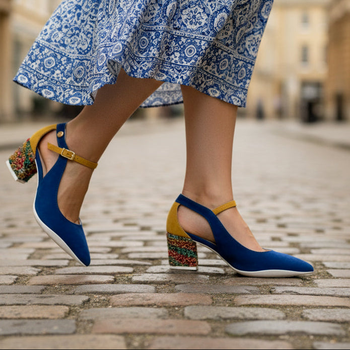 Blue Yellow Low Heel Dress Shoe | La La Chanii B Blue Yellow Low Heel Dress Shoe | La La Chanii B