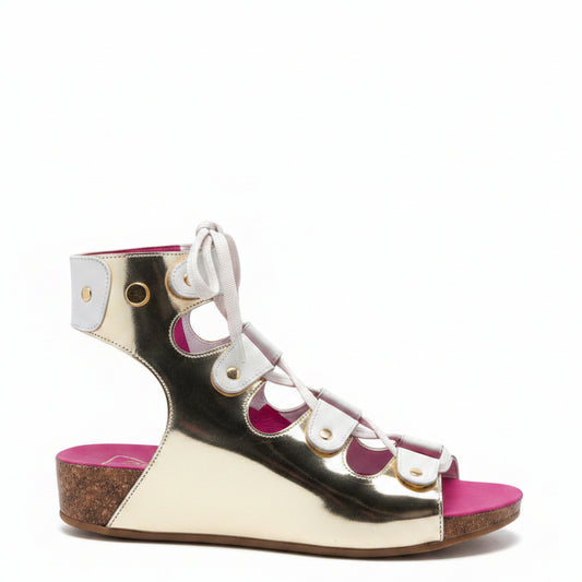 Je Savoir- platinum gold lace up cork sandal - Chanii B