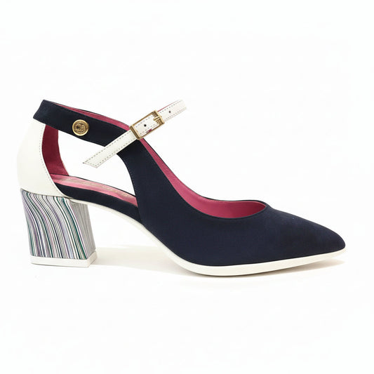 Navy blue and white low heel pointed toe dress shoe
