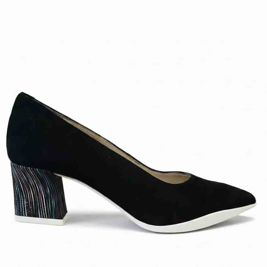 A black suede low heel dress shoe with a pointed toe and low heel.
