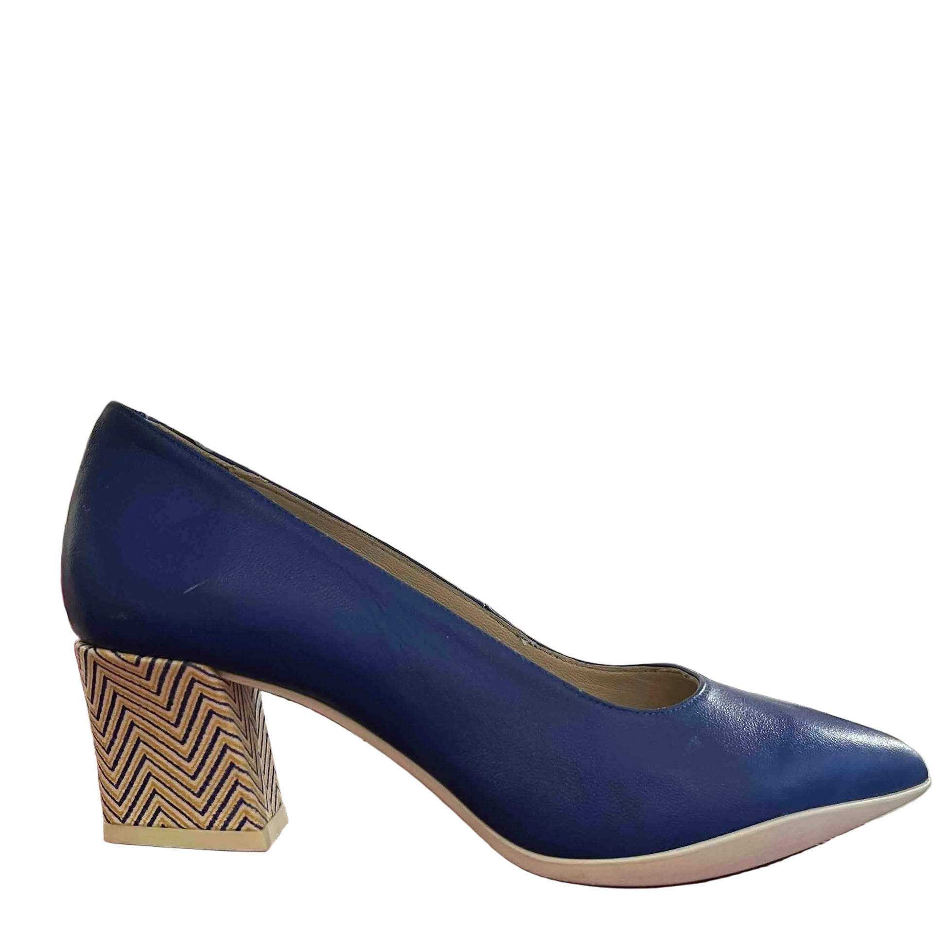 A royal blue leather low heel dress shoe with a pointed toe and low heel.
