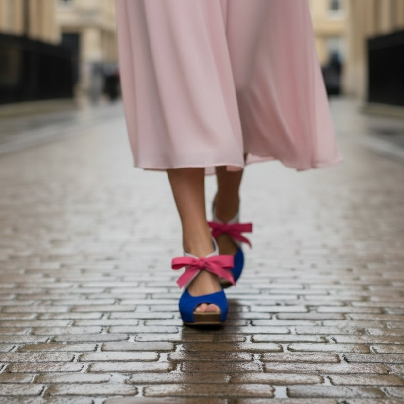 woman wearing martini blue and silver heels with ribbon lace