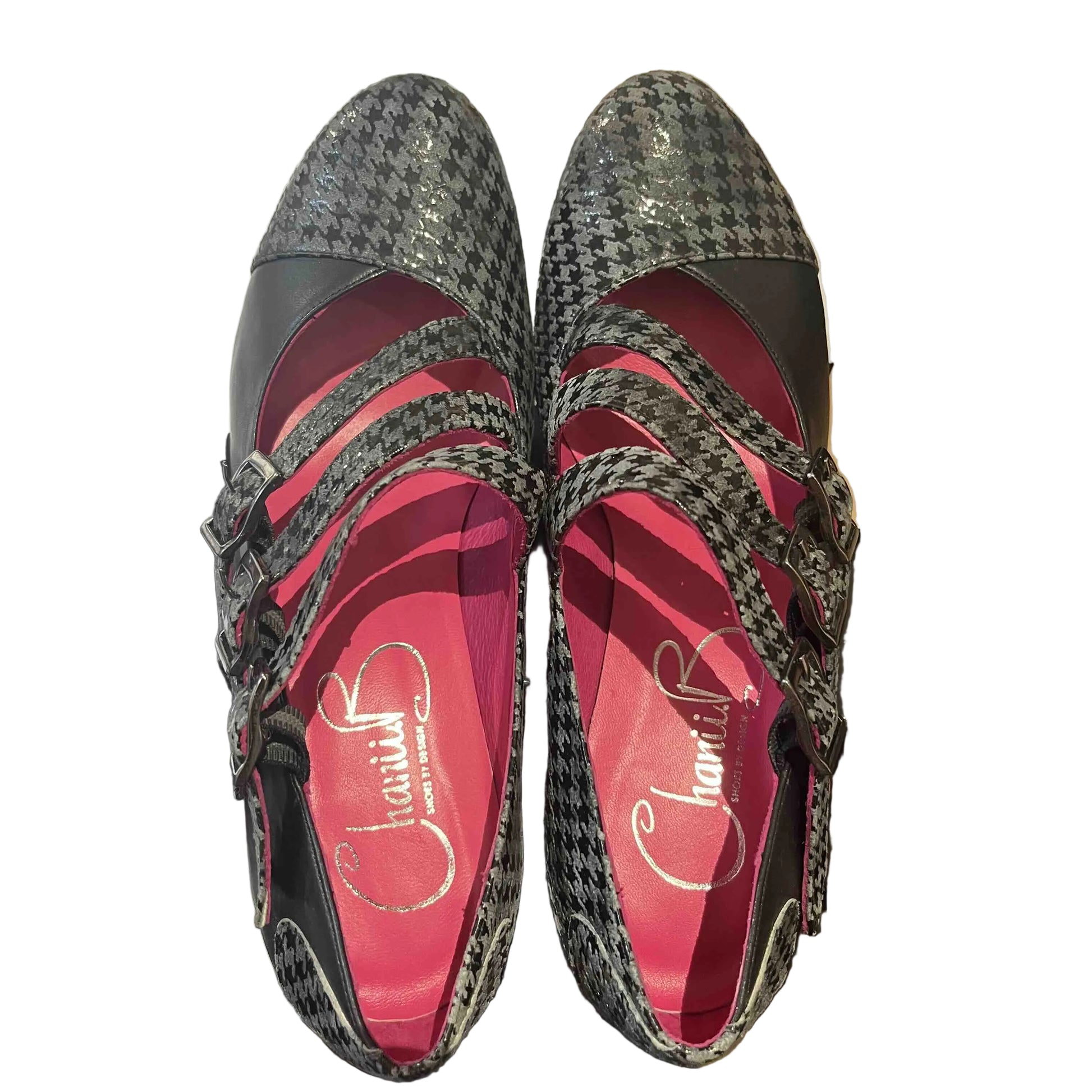 birdeye view of the patina black leather platform heels