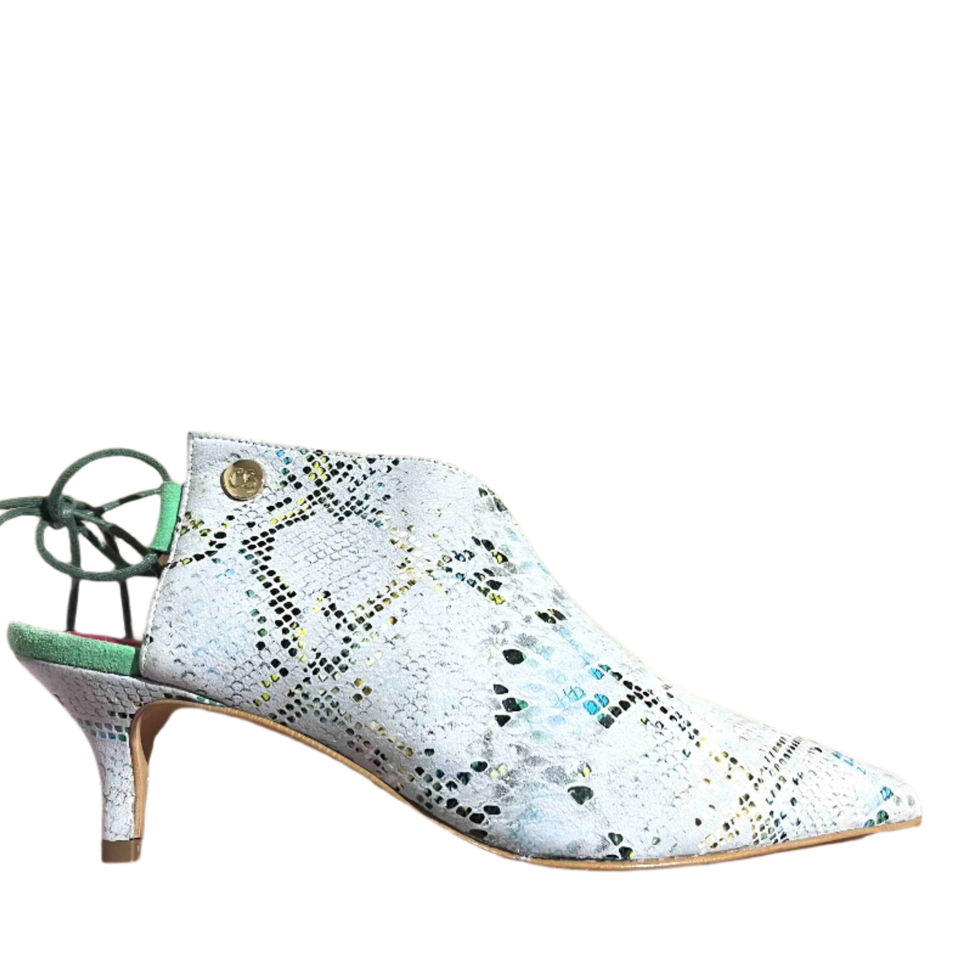 Sliver - white and Green Serpent slip on kitten heel - Chanii B