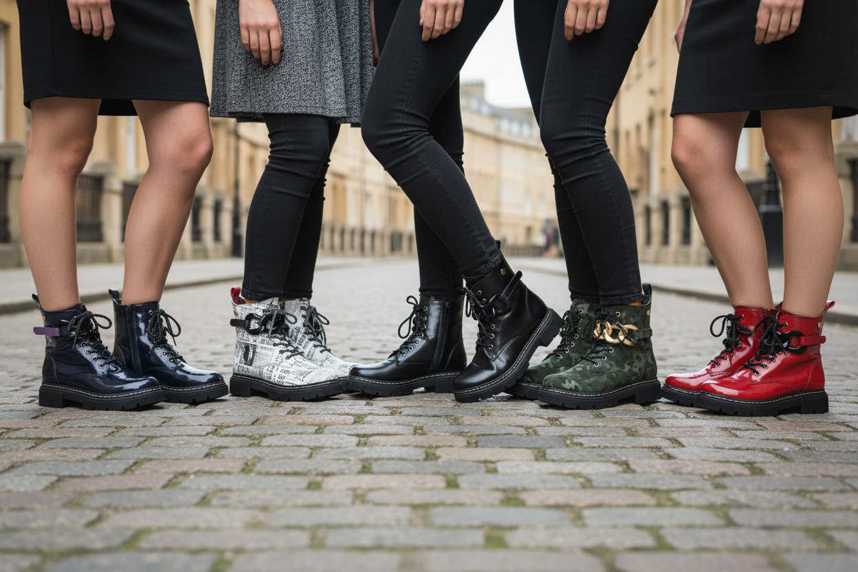 Six models each wearing a matching pair of Paris boots for slideshow
