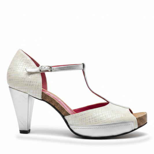 Soliel - Silver Square t strap heel sandal
