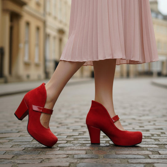Red high-heeled shoes worn with gray pants in an indoor setting