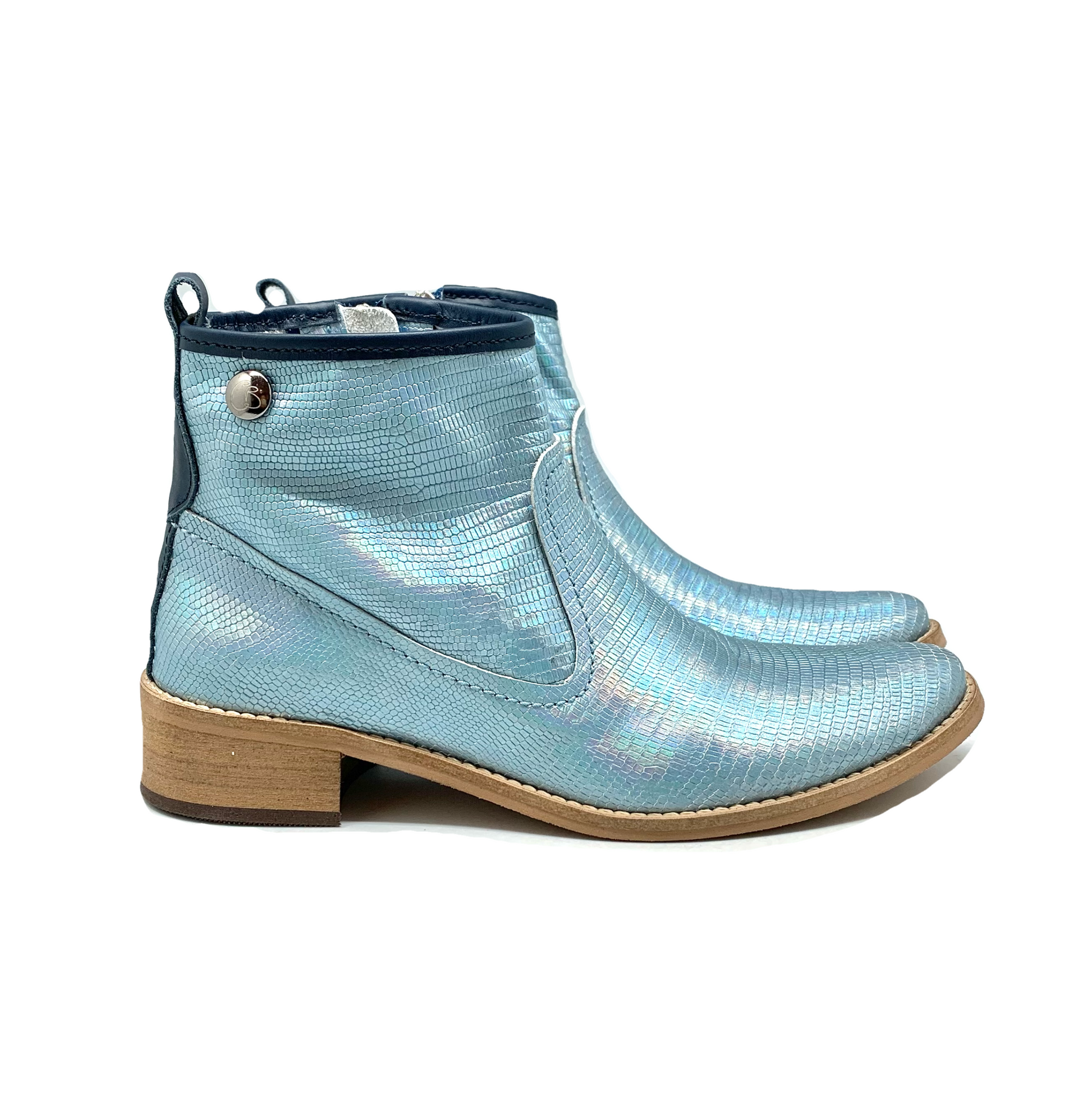 A pair of Designer Boots named Zipp - Ice Blue Iridescent