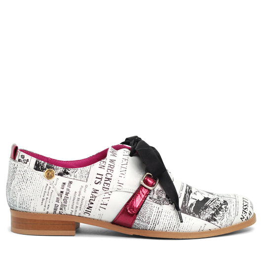 Excuse Moi - White Newsprint lace up shoe