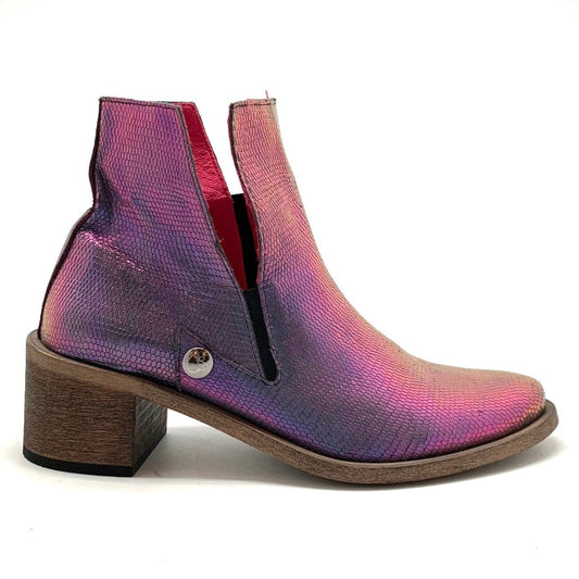 purple leather iridescent ankle boot