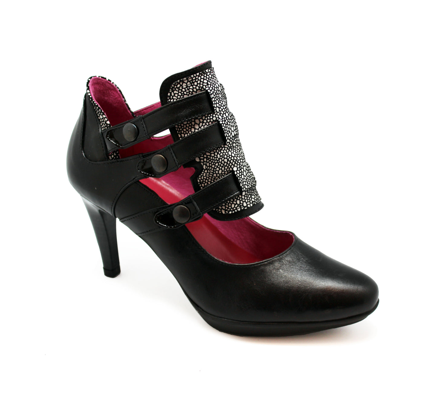 Leather high heel with removable instep panel. Rubber in-sole gives comfort and grip. 