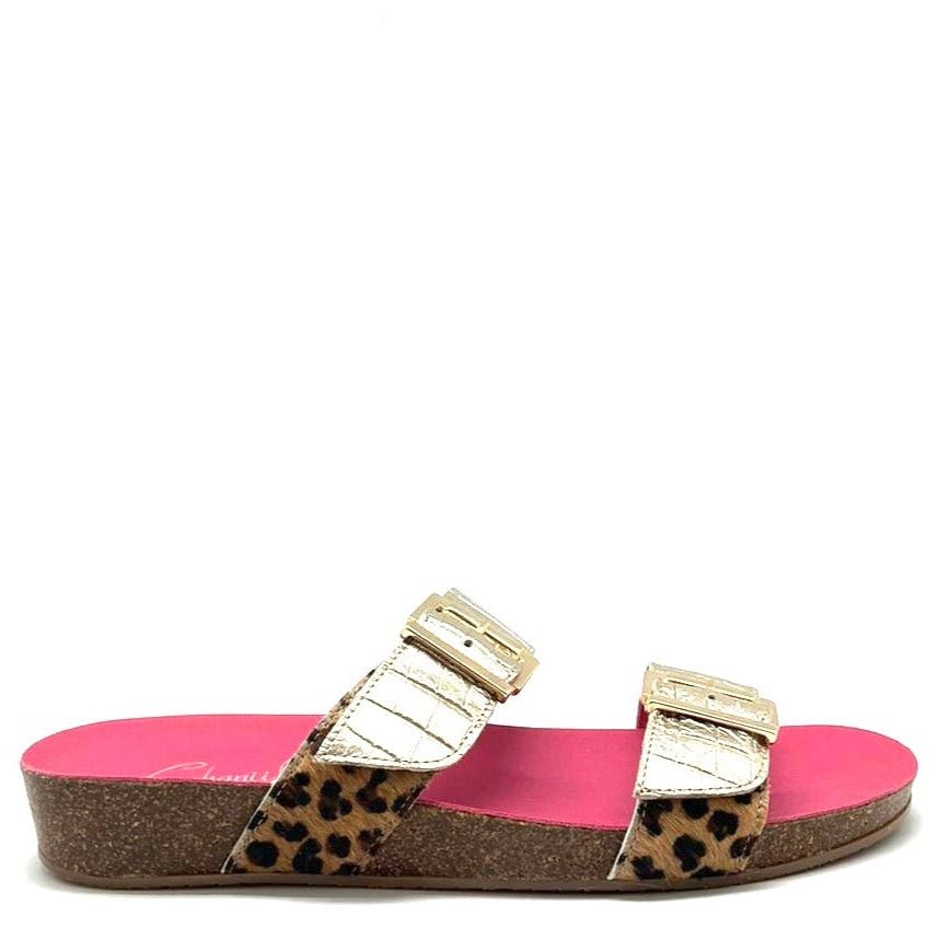 Je T'aime -Gold Croc with leopard cow flat cork sandal