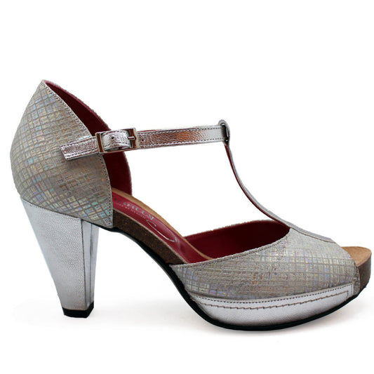 Soliel - Silver Square t strap heel sandal
