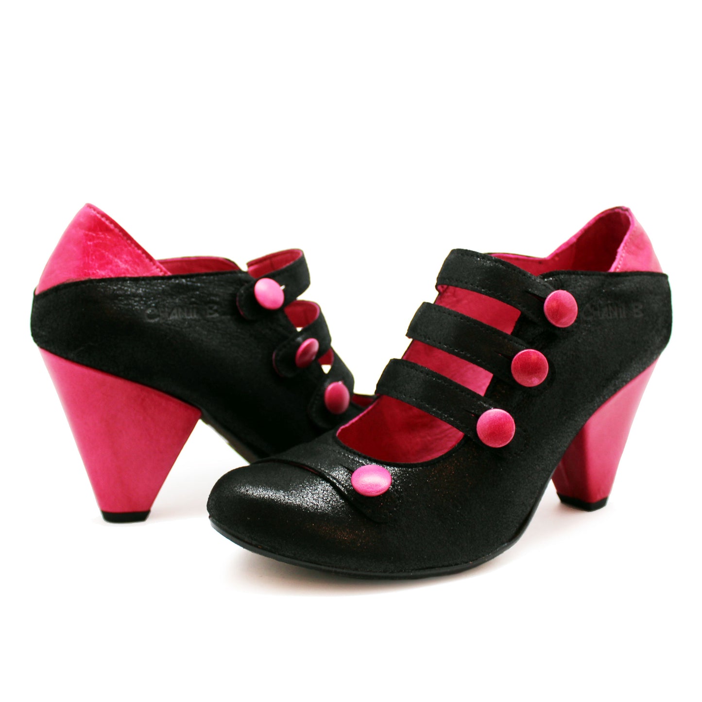 Voila - Black/Fuchsia button heel shoe- Last pairs 35 & 39